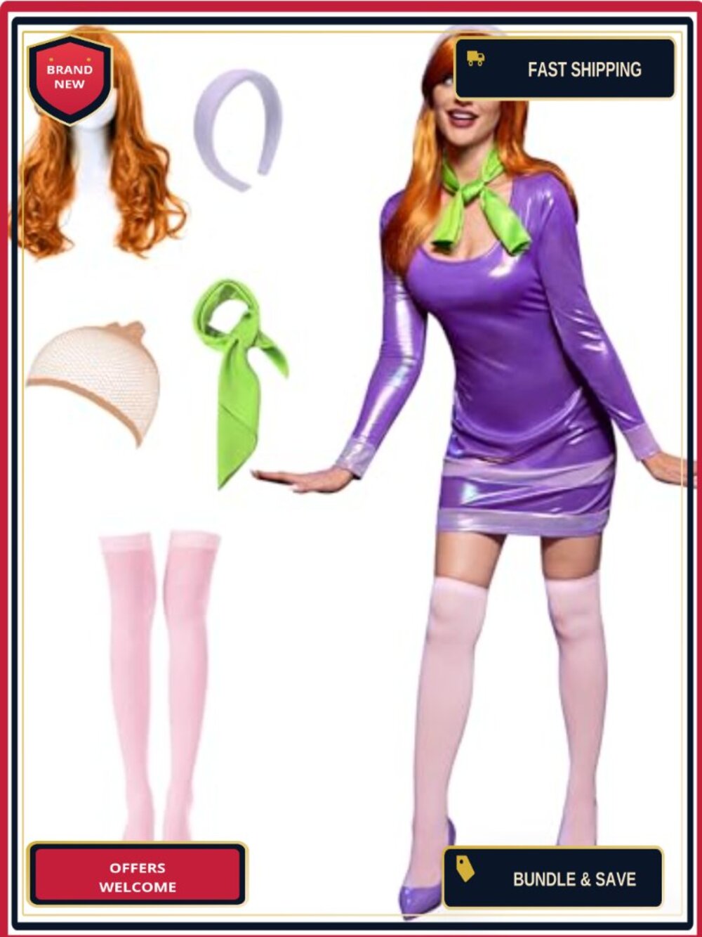 Womens Halloween Costume Set 6 Pcs Patent Mini Dress Headband Scarf Wig